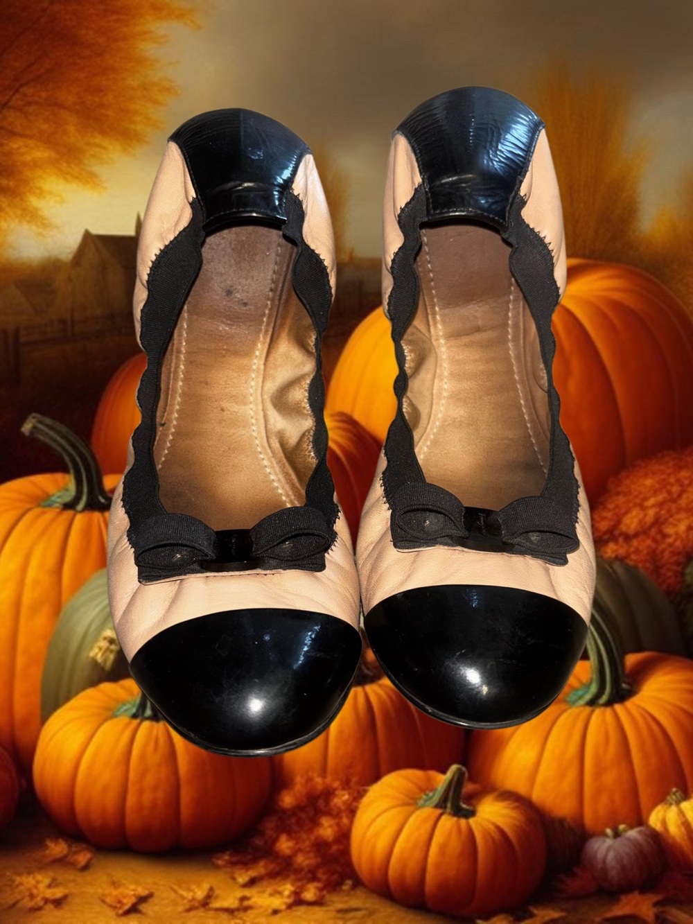 Salvatore Ferregamo Two-Tone Foldable Ballet Flats in Beige and Black